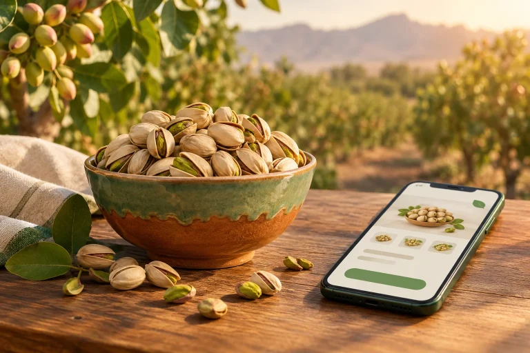 کاسهی پستهی کرمان کنار گوشی با صفحهی محصول و باغ پسته؛ طراحی سایت پسته و خشکبار